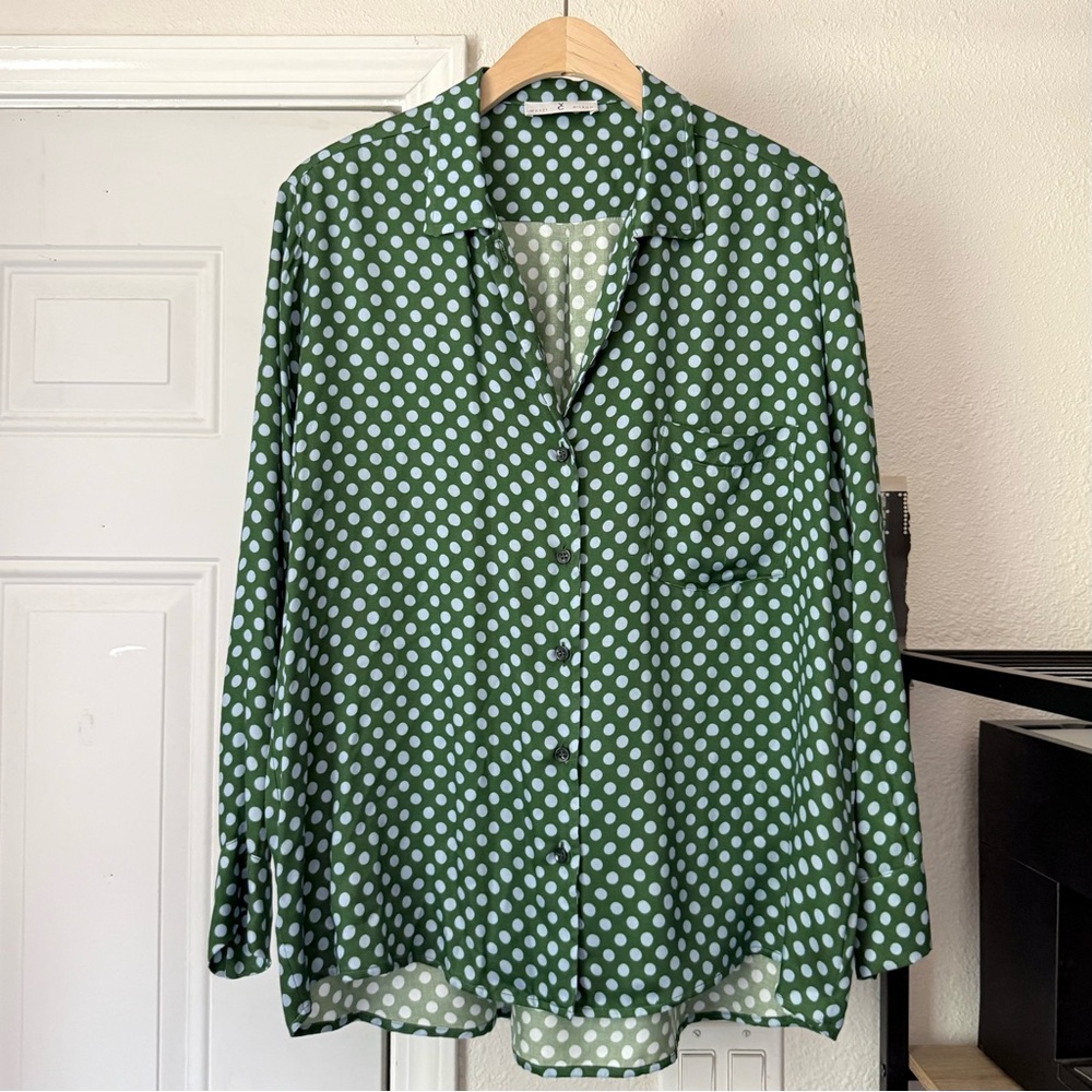 WHYCI green blue polka dot viscose long sleeve button up shirt blouse